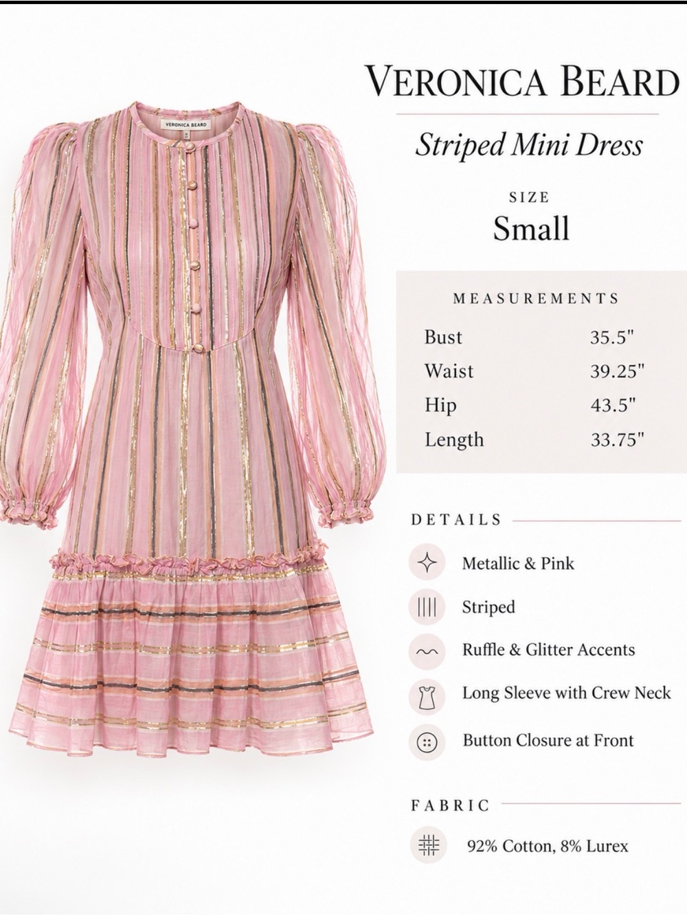 Veronica Beard Pink and Metallic Gold Striped Mini Dress